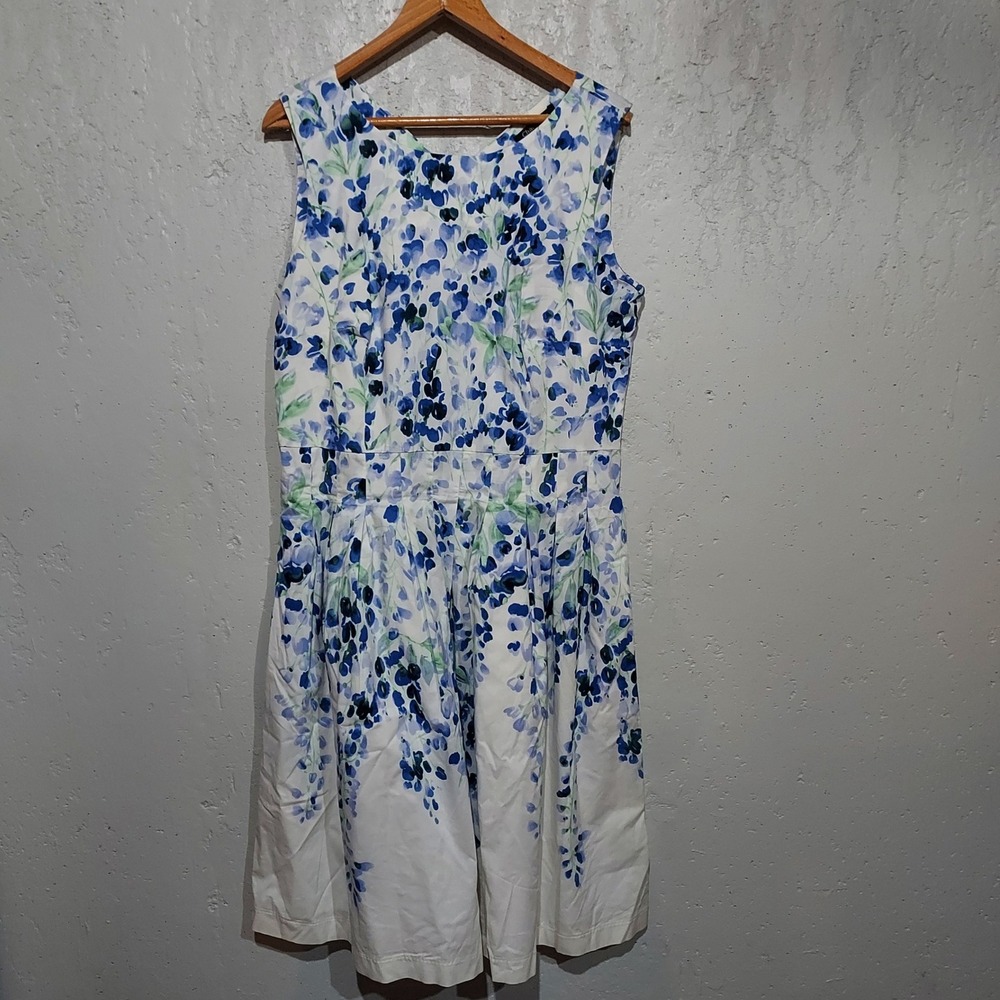Chadwicks Blue Floral Sleeveless Cotton Blend Pleated Dress 14T Tall Pockets